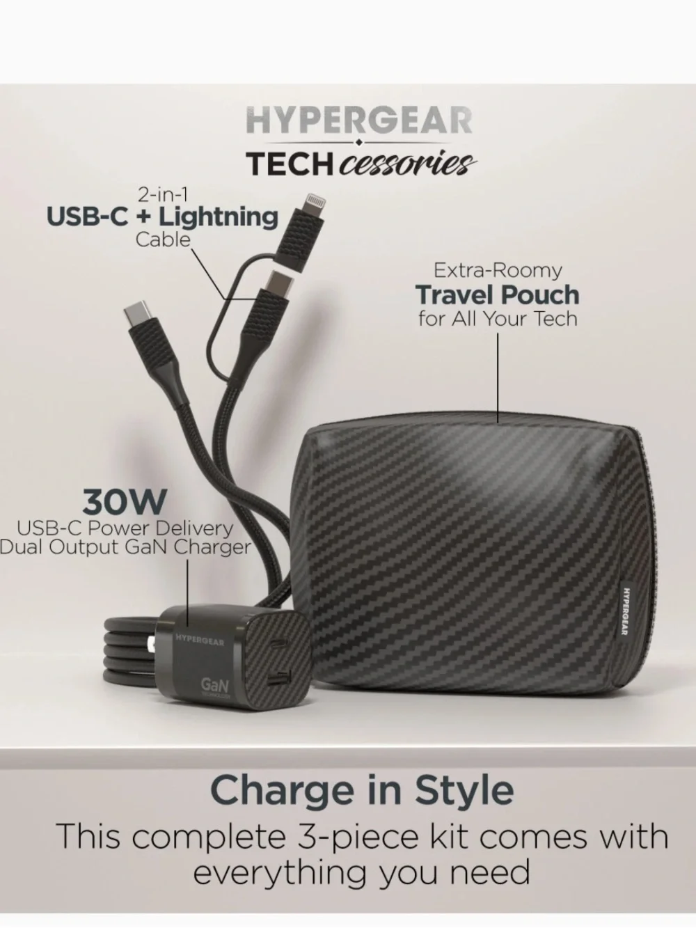 30W USB-C PD Charging Kit with Carbon Black Pouch